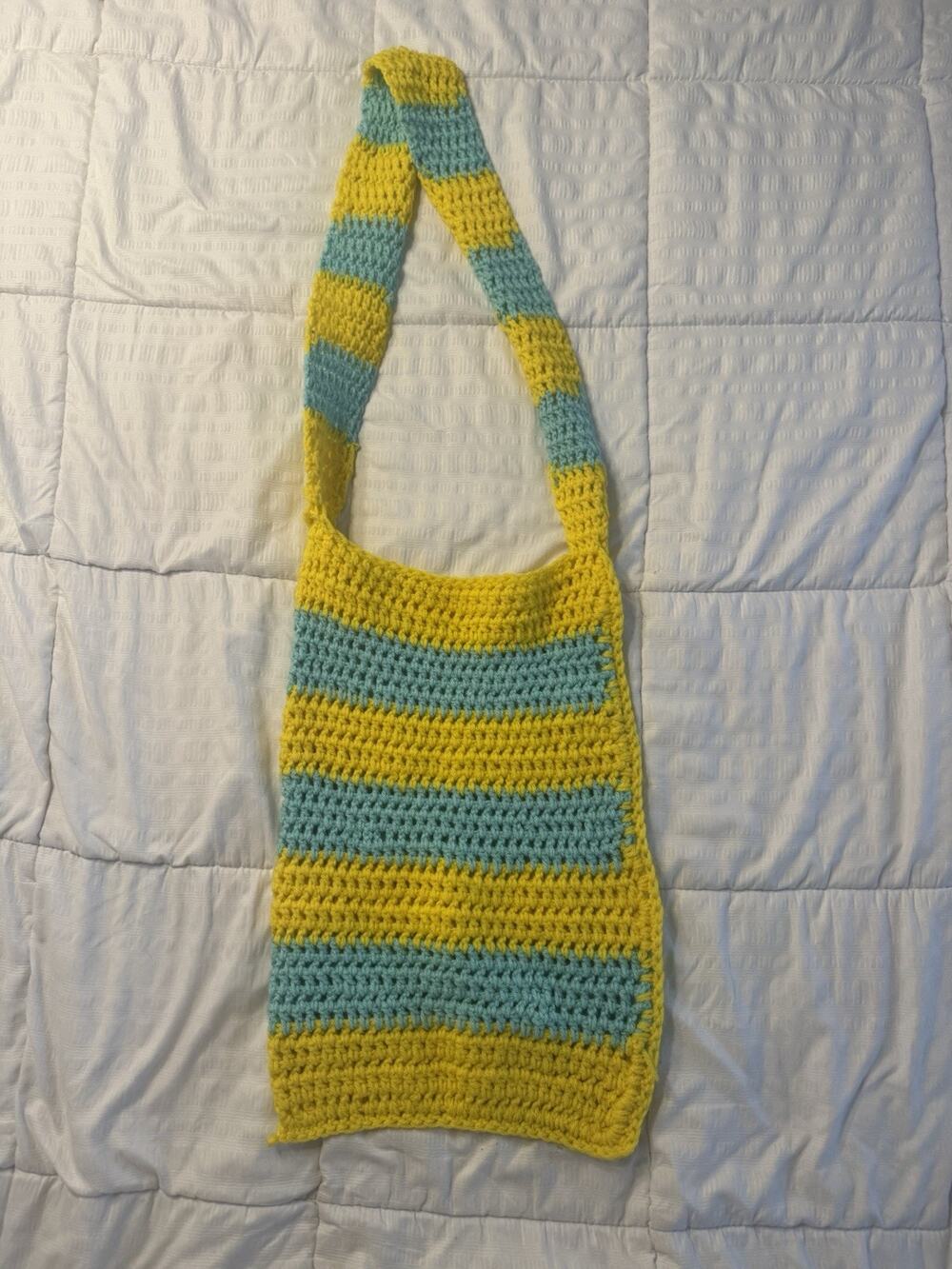 Crochet Tote Bag Yellow Blue Stripes Handmade Summer Beach Coastal Preppy